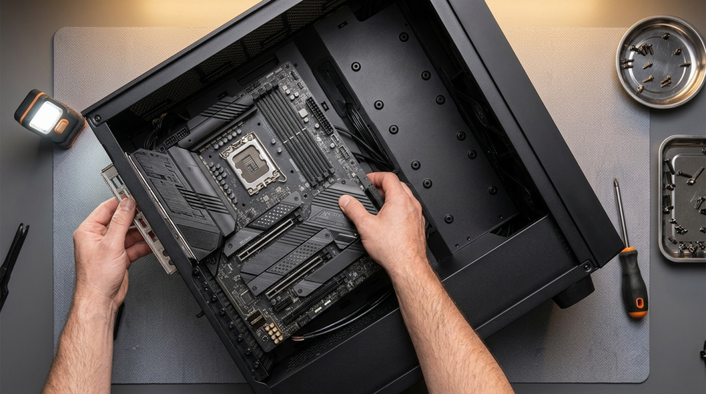ATX motherboard being installed in full-tower case