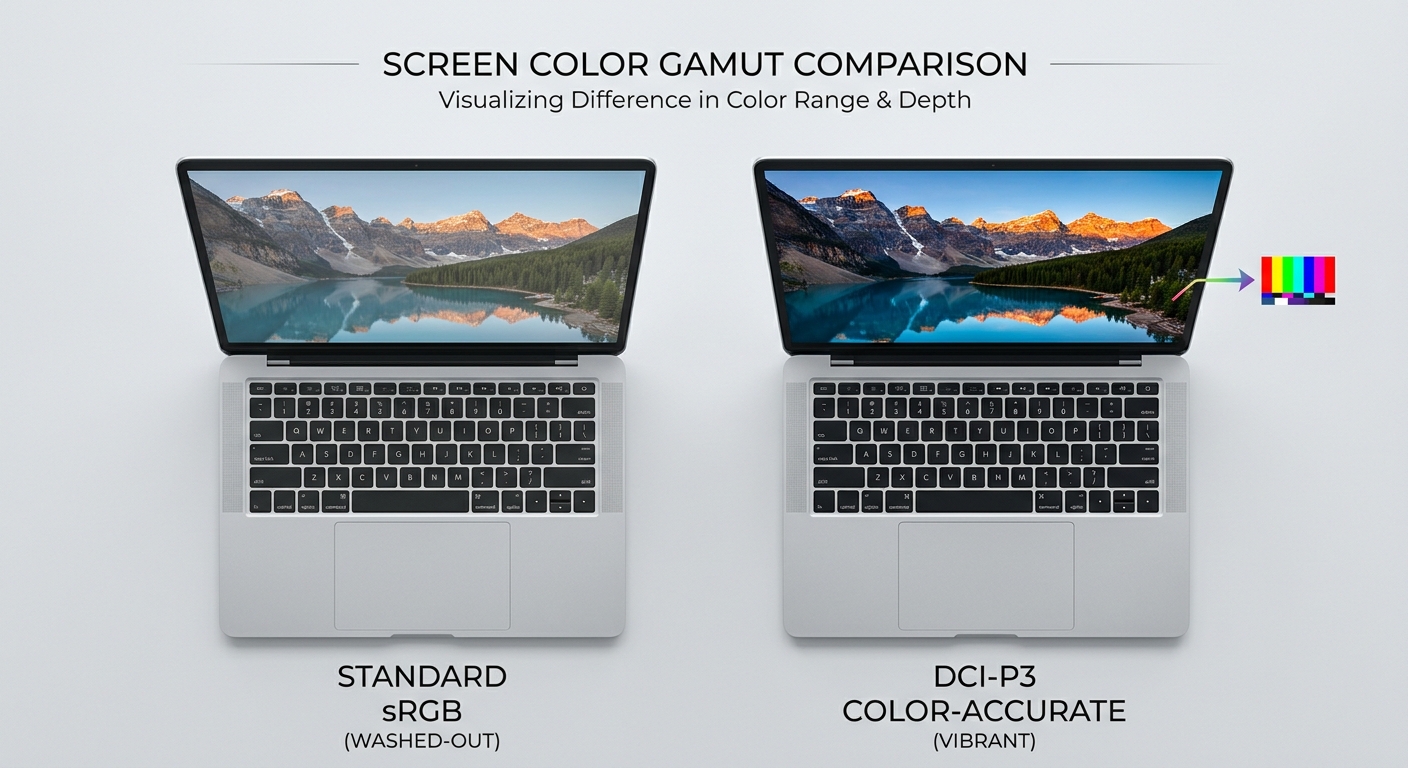 Side-by-side comparison of sRGB vs DCI-P3 laptop display color accuracy