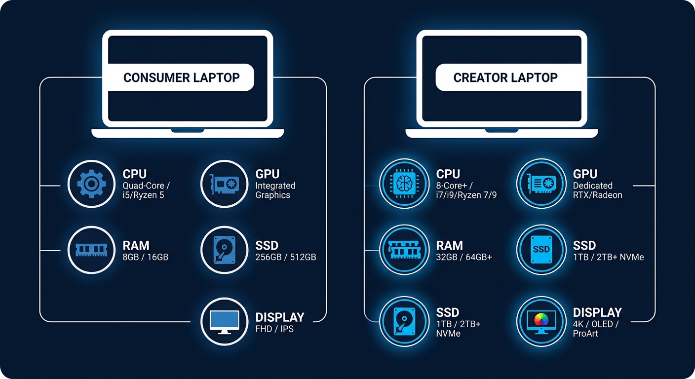 Consumer Laptop vs Creator Laptop specs comparison infographic