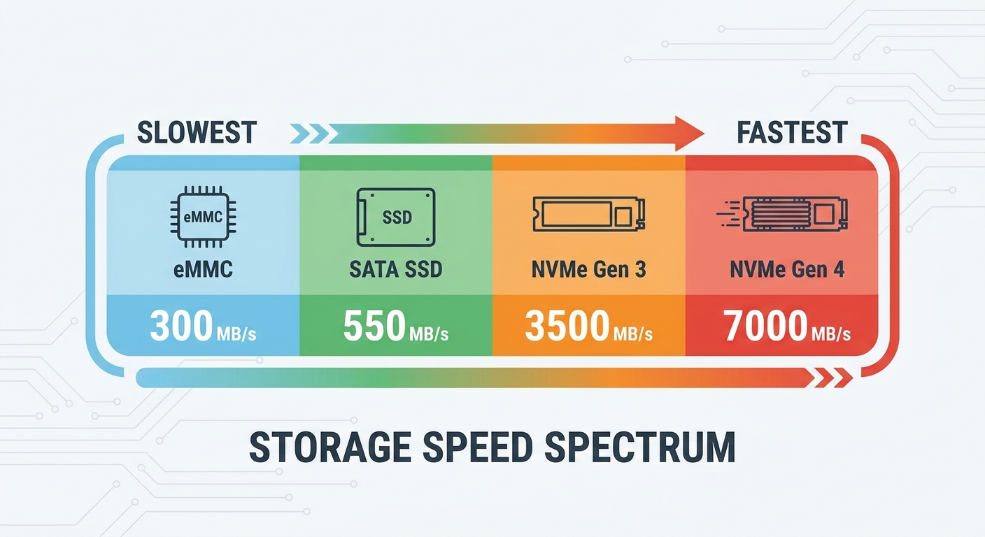 Laptop storage speed comparison chart: eMMC vs SATA SSD vs NVMe Gen 3 vs Gen 4