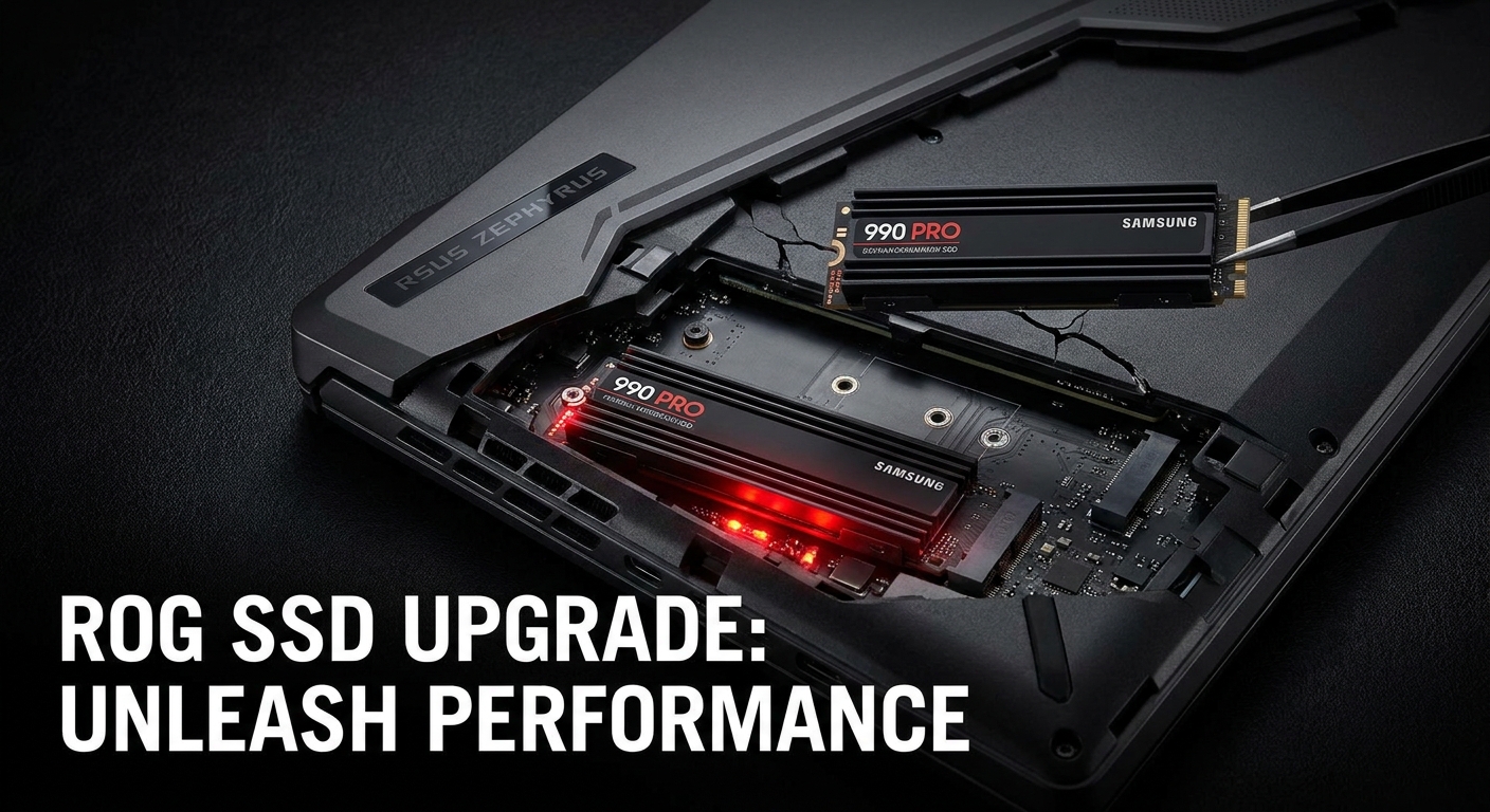 Gaming laptop with upgradeable NVMe SSD slot shown for storage upgrade guide
