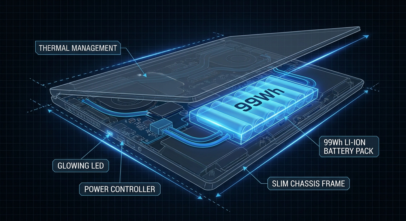 Large capacity gaming laptop battery illustration showing 99Wh cell inside laptop chassis