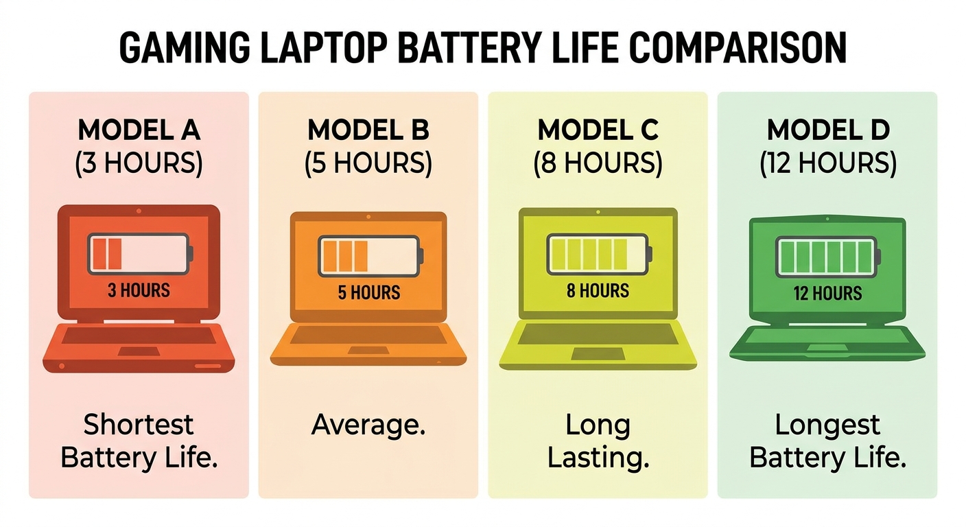 Gaming laptop battery life comparison chart showing different usage scenario durations