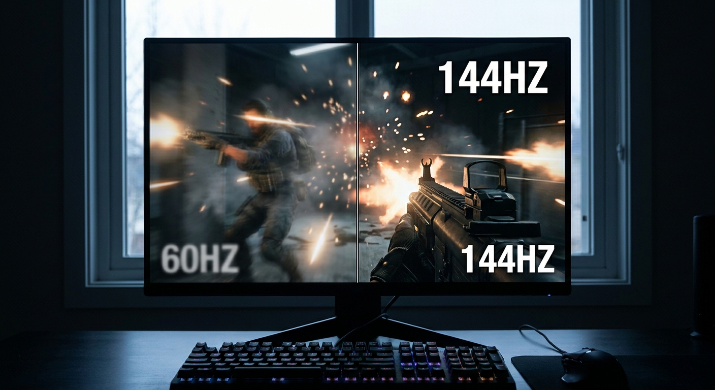 Gaming monitor split-screen showing 60Hz blur vs 144Hz sharp image