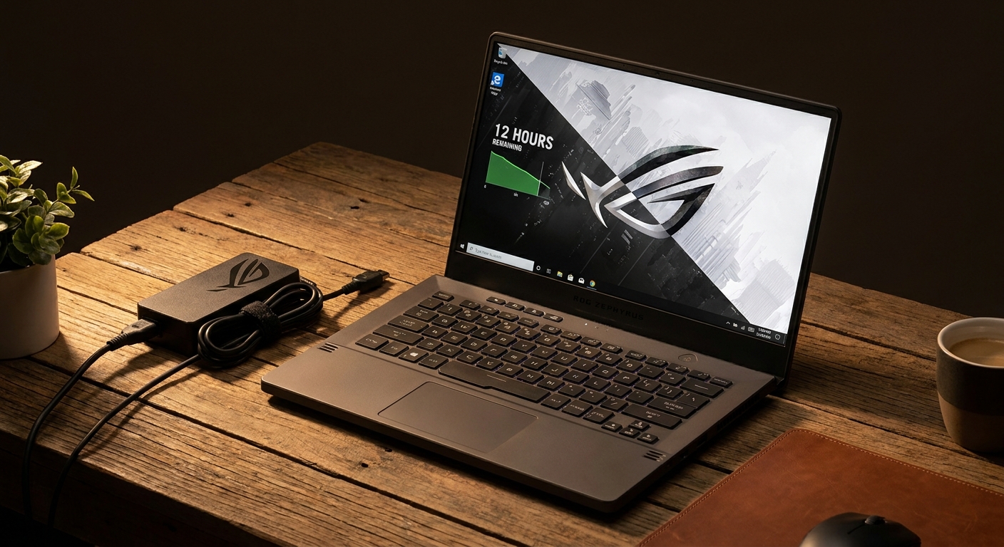 ASUS ROG Zephyrus gaming laptop unplugged showing long battery life for portable gaming