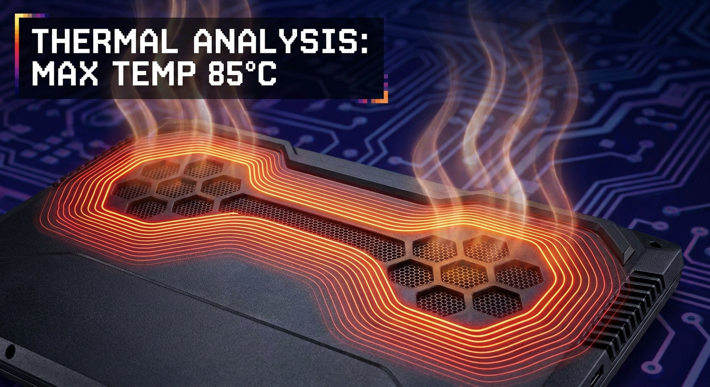 Gaming laptop overheating with thermal imaging showing hot zones on bottom vents