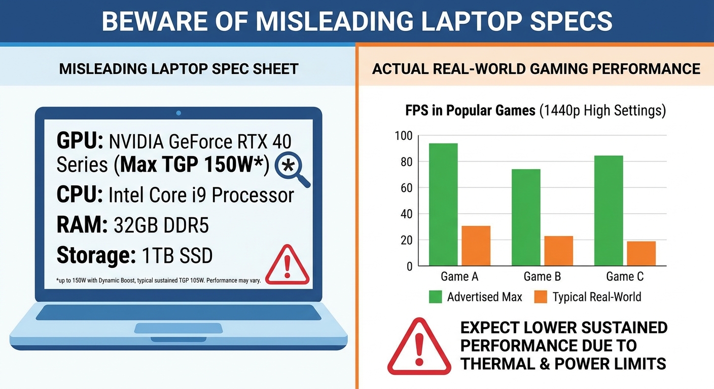 Gaming laptop spec sheet comparison showing advertised vs actual GPU TGP performance