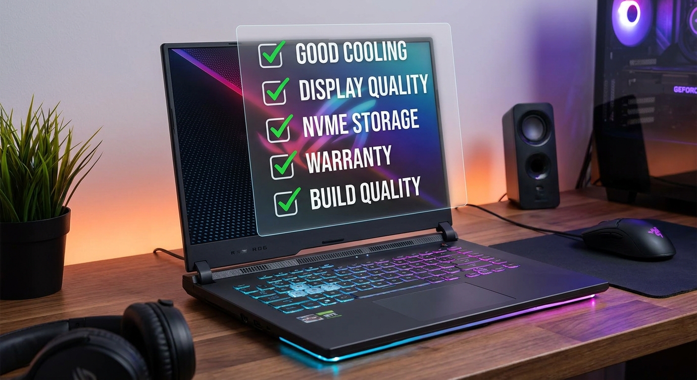 Gaming laptop buying checklist with green checkmarks for key quality and reliability factors