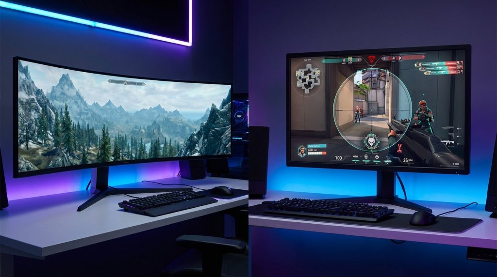 Side-by-side comparison of a curved ultrawide gaming monitor and a flat gaming monitor in a modern gaming room
