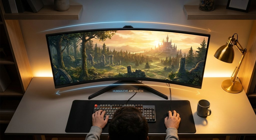 Gamer sitting in front of a curved ultrawide monitor showing how the screen wraps around natural field of vision