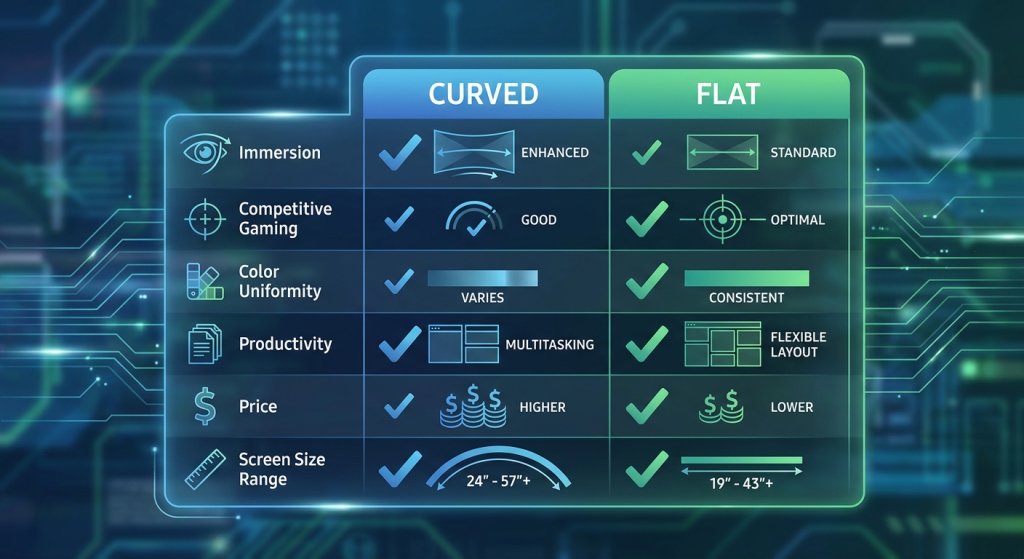 Curved vs flat gaming monitor comparison chart showing immersion, competitive gaming, color accuracy, and price differences