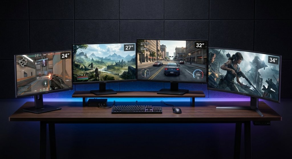 Four gaming monitors of different sizes — 24, 27, 32-inch, and ultrawide — displayed side by side on a modern gaming desk