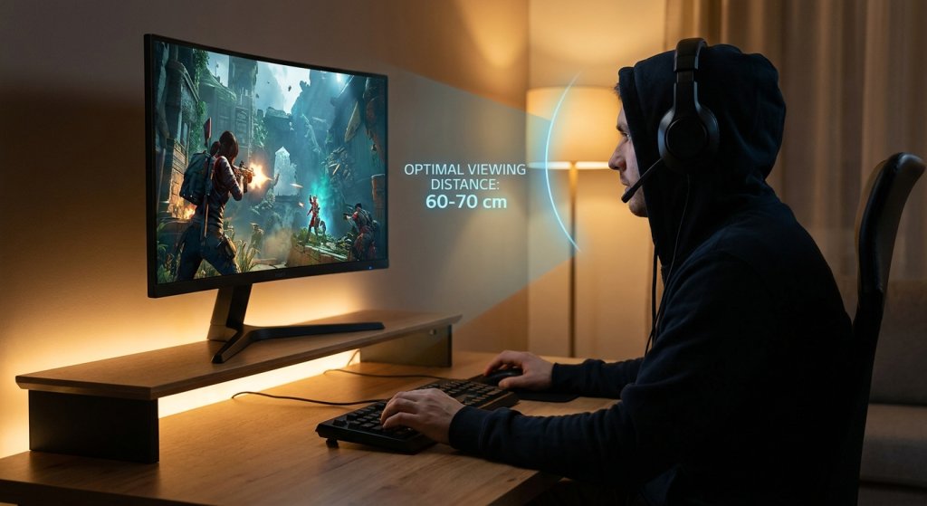 Gamer at desk with 27-inch monitor showing ideal 60-70cm viewing distance for 1440p gaming