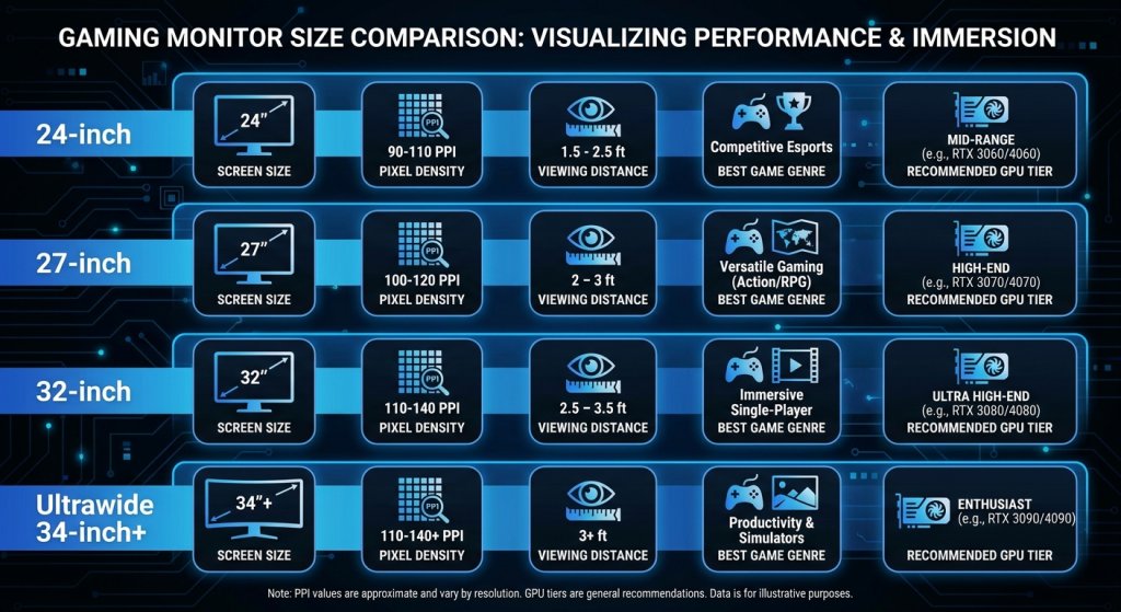 Comparison infographic showing 24-inch, 27-inch, 32-inch, and ultrawide gaming monitor sizes with pixel density and use cases