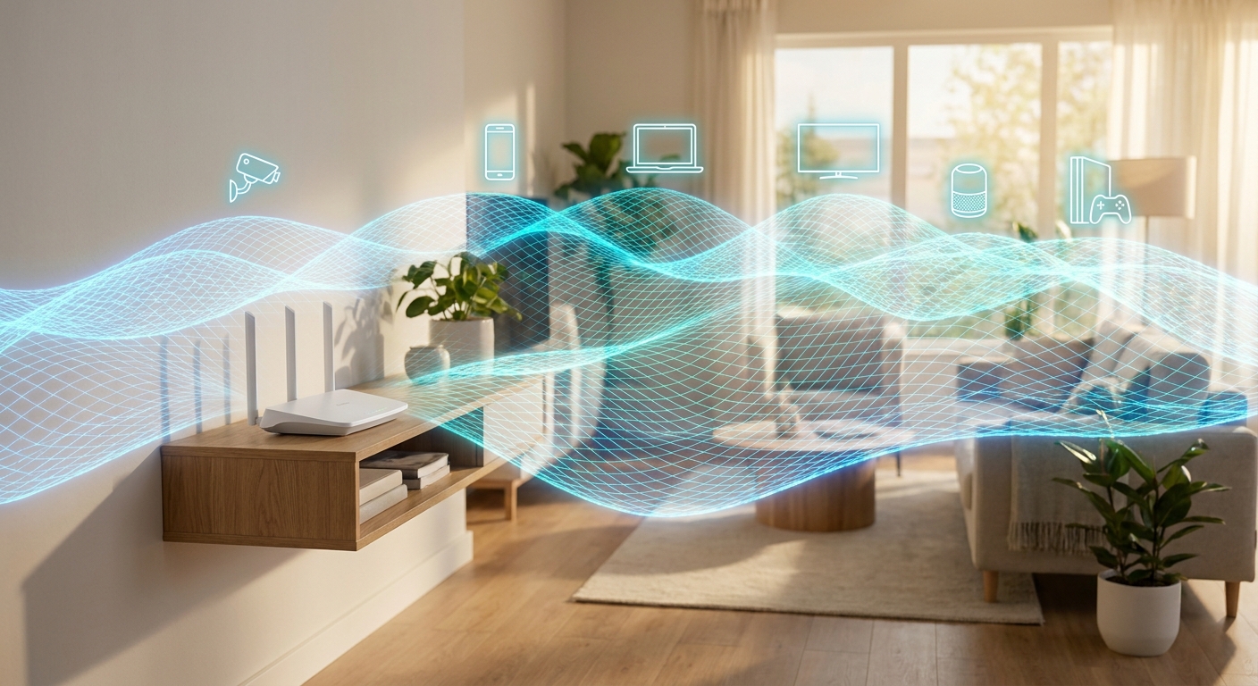 Modern home with WiFi 8 router sending wireless signals to multiple connected devices including laptops, phones, and smart home devices