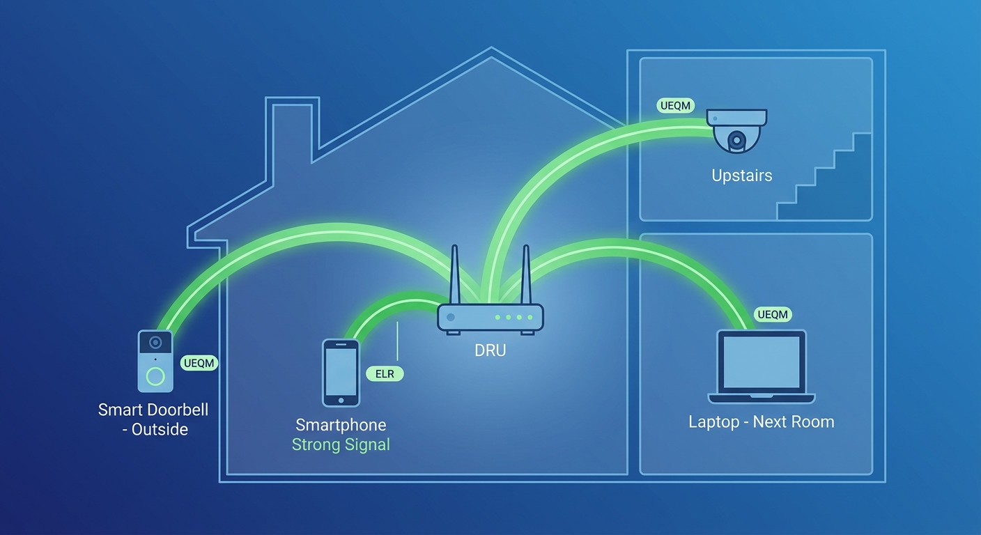 Diagram showing WiFi 8 signal distribution to devices at different distances and locations throughout a home