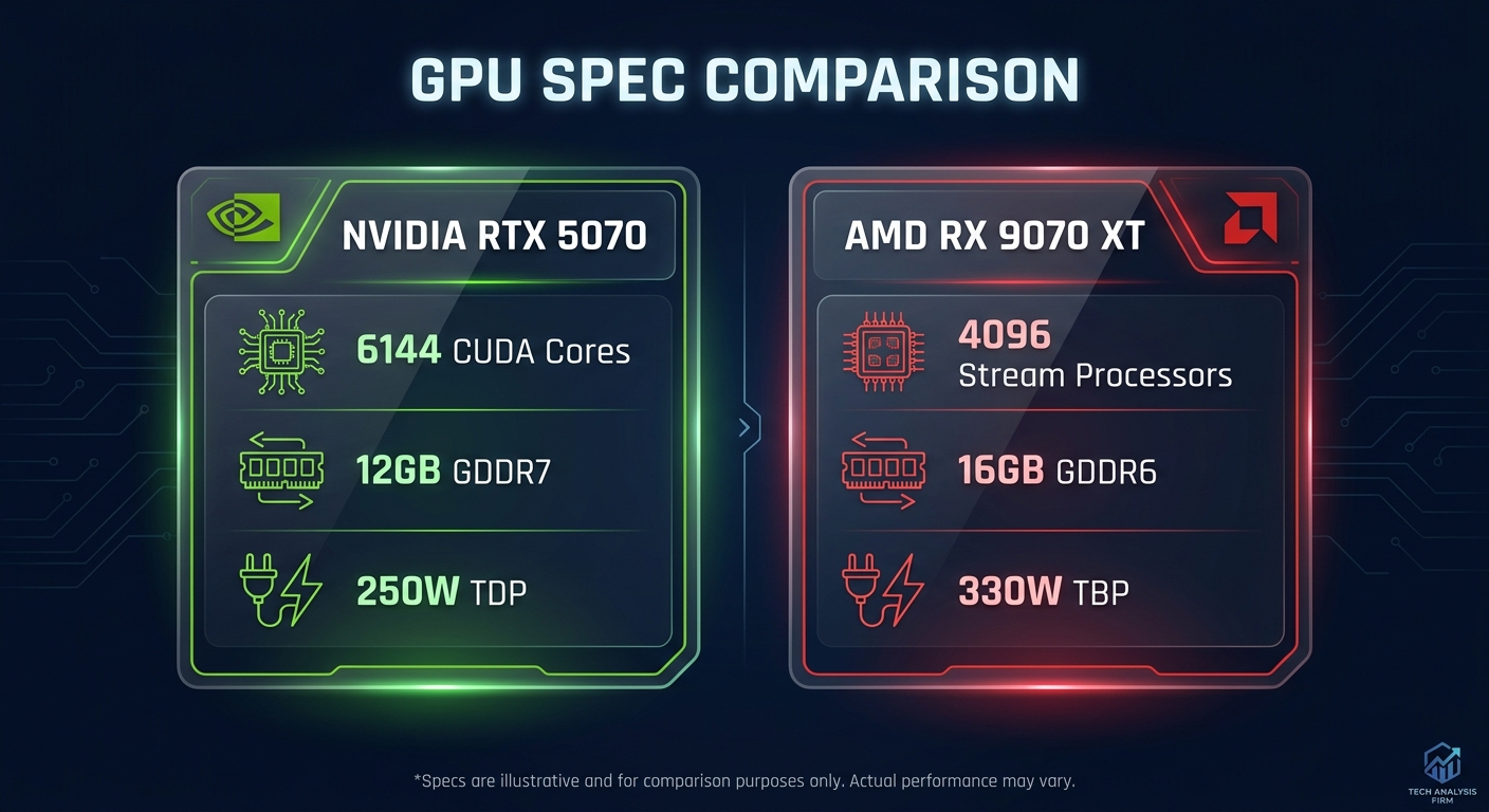 Side-by-side spec comparison infographic for NVIDIA RTX 5070 and AMD Radeon RX 9070 XT GPU specifications
