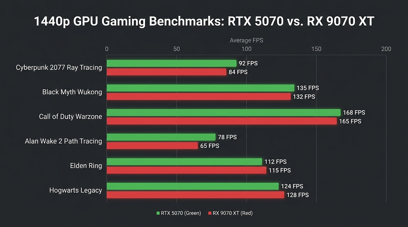 Bar chart comparing RTX 5070 and RX 9070 XT gaming performance benchmarks at 1440p across popular titles