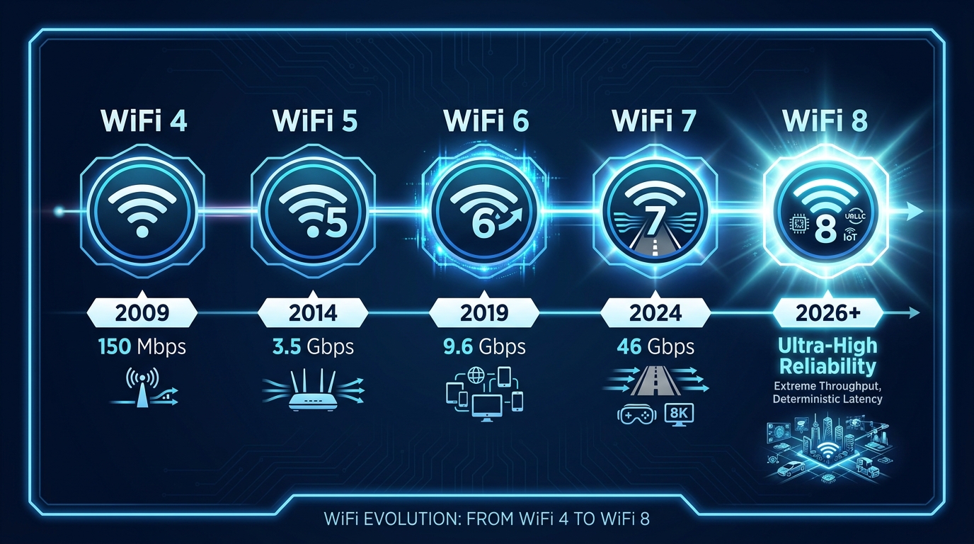 WiFi generation timeline from WiFi 4 to WiFi 8 showing speed improvements and key features of each standard