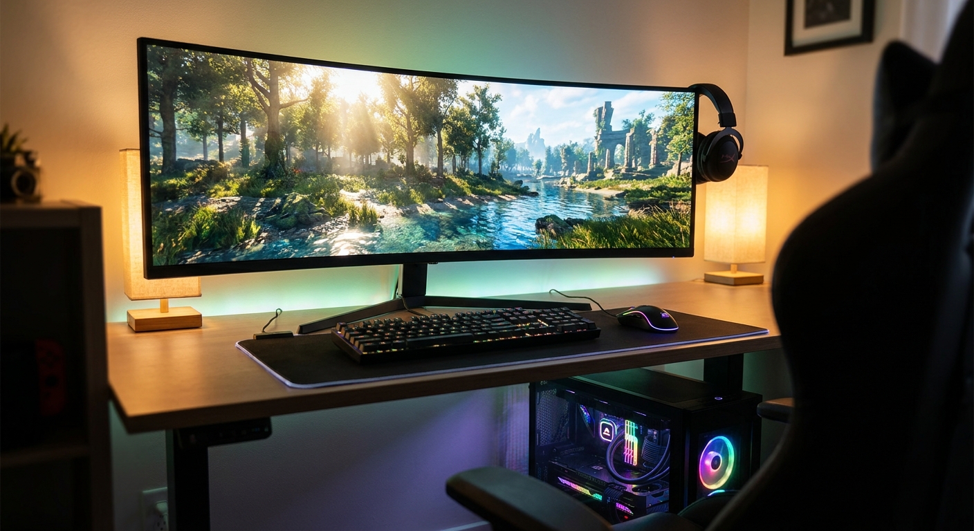 Gaming setup with high-end GPU inside PC case running a high-fidelity game on a curved ultrawide monitor