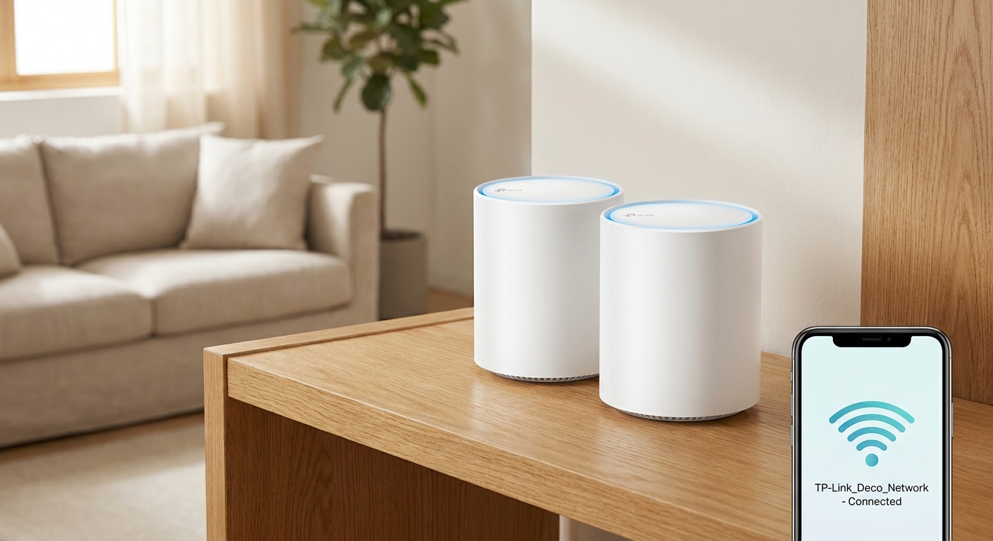 TP-Link Deco WiFi 7 mesh router system displayed on a shelf showing whole-home wireless coverage
