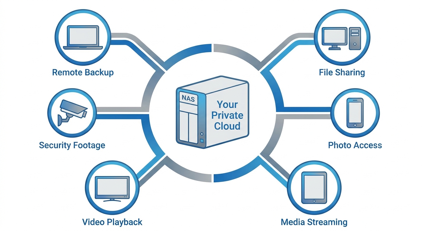 Home network diagram showing NAS at center connected to laptop, PC, phone, tablet, TV, and security camera