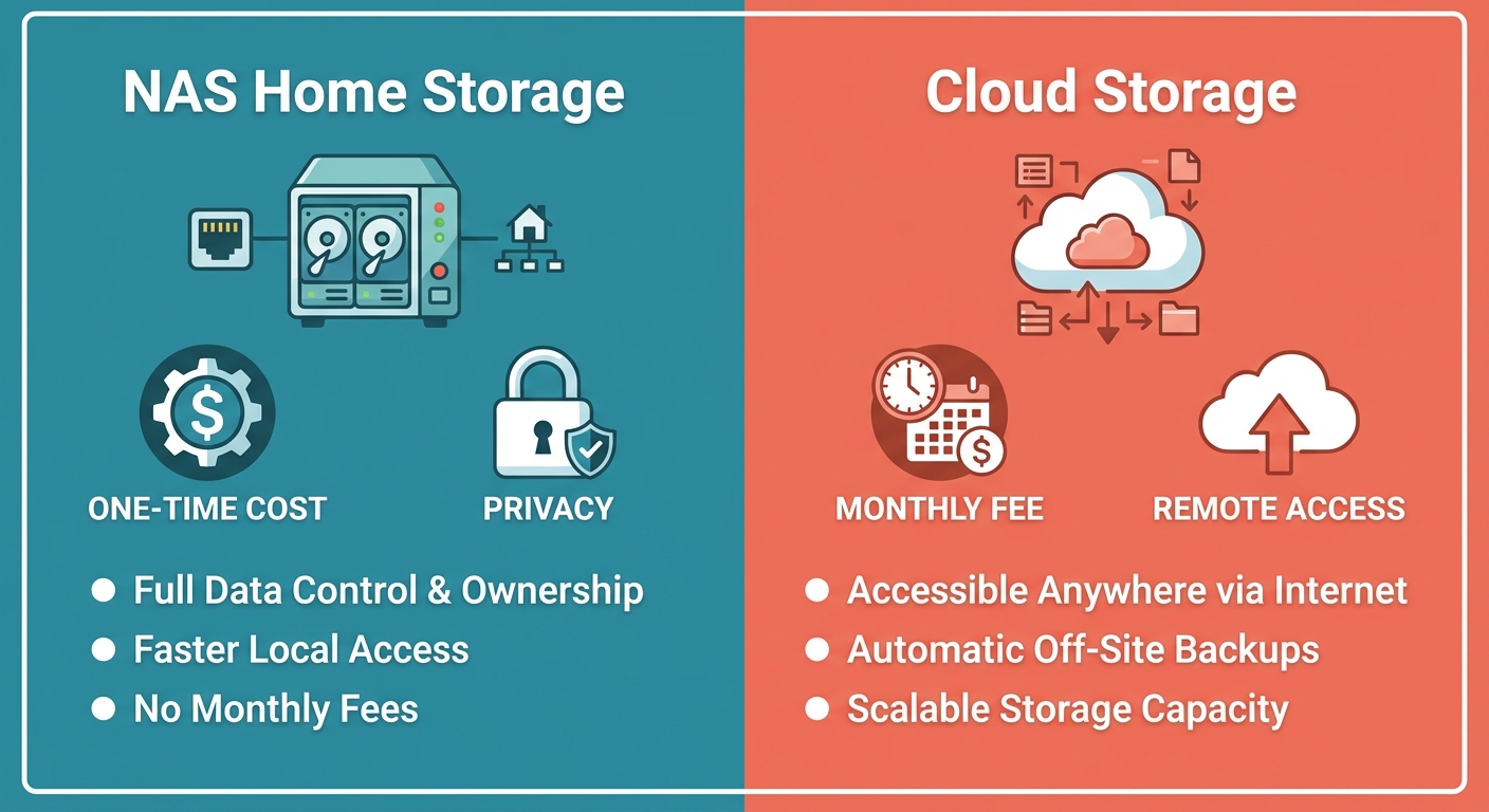 Infographic comparing NAS home storage and cloud storage showing cost and privacy differences