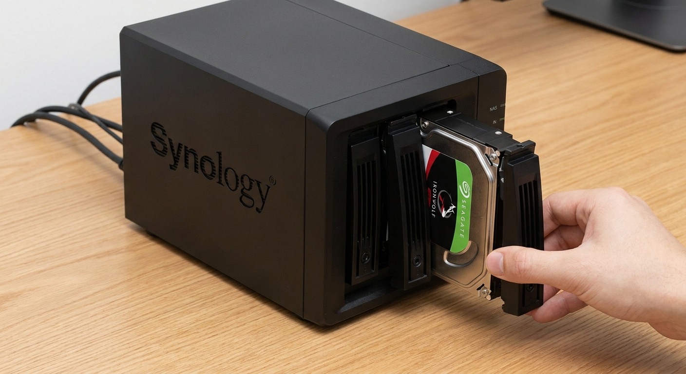 Two-bay NAS device with drive bay open showing a 3.5-inch hard drive being installed, on a wooden surface
