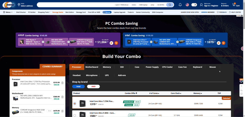 Newegg combo deals showing bundled CPU and motherboard savings