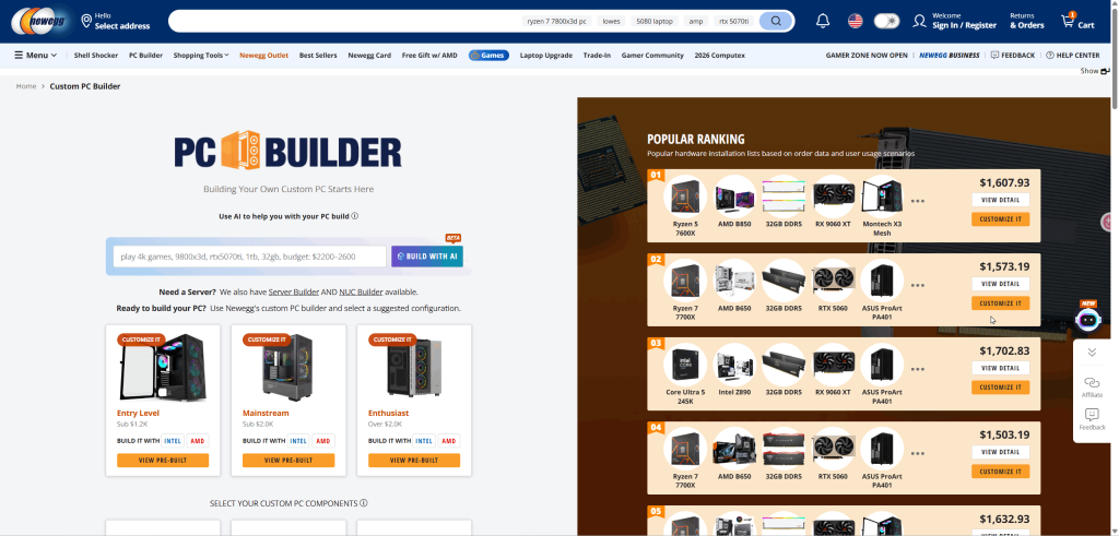 Newegg PC Builder tool showing component list with compatibility check