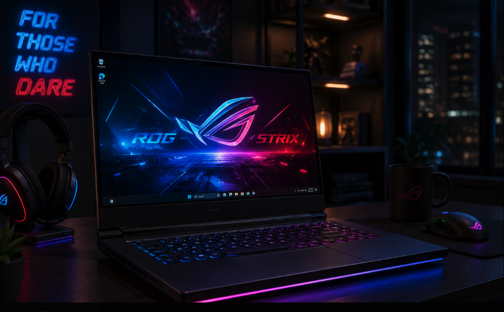 Gaming laptop glowing on a desk in a dark room