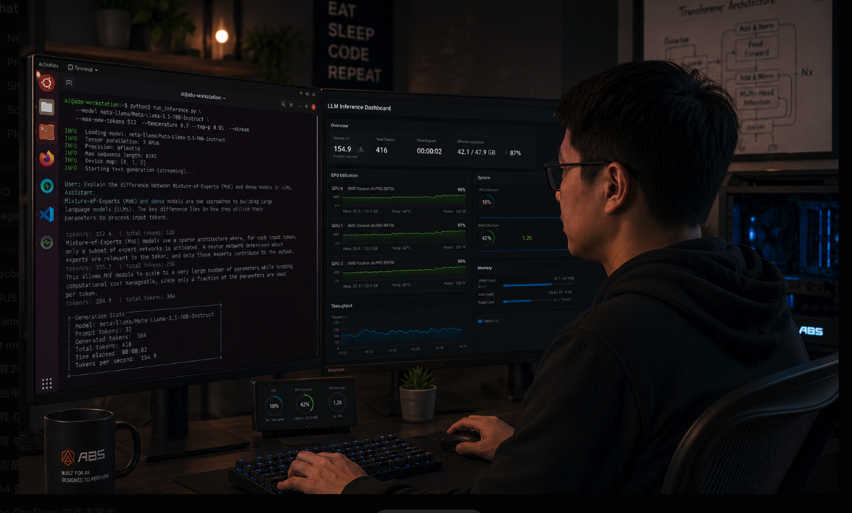  Developer at a dual-monitor Radeon AI Pro R9700 workstationreviewing inference dashboards