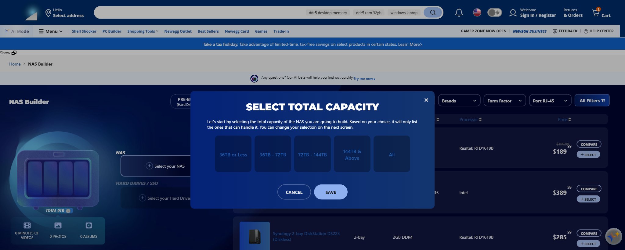 Newegg NAS Builder capacity selection dialog with storage tiers