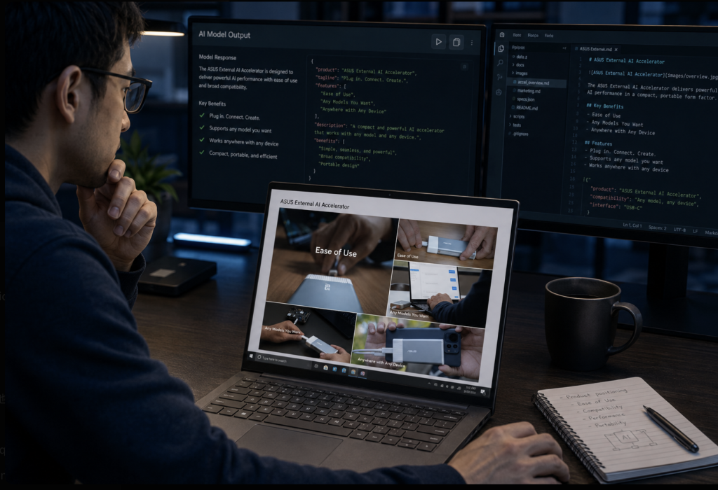 A laptop screen showing a terminal window with AI model output, dimly lit home office at night