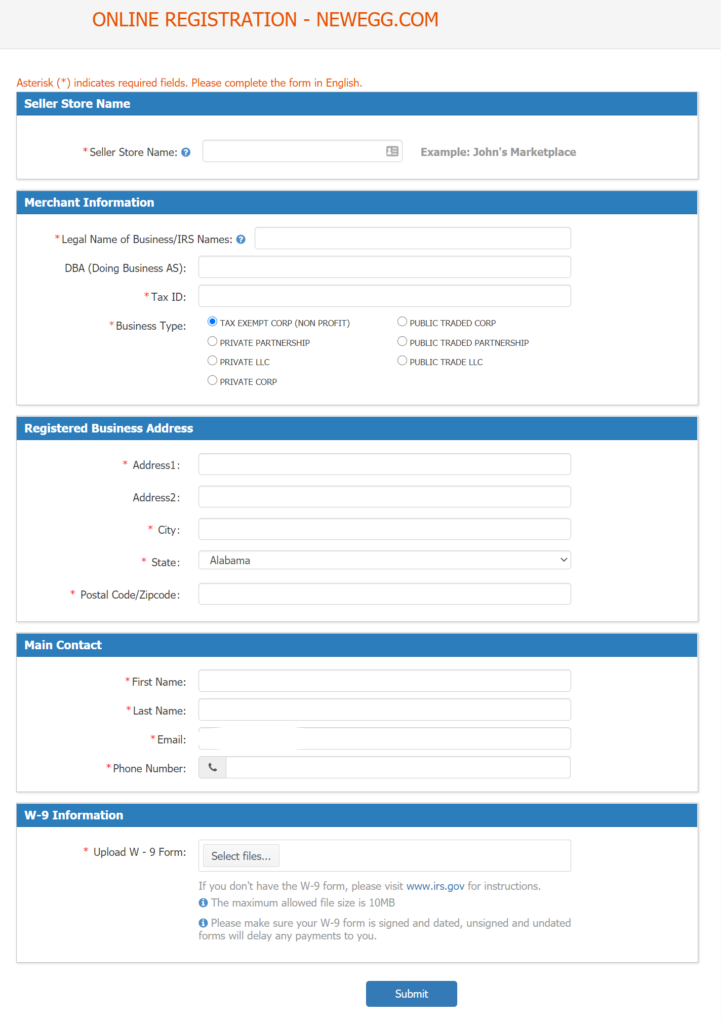 The second step in the registration process on Newegg Marketplace.