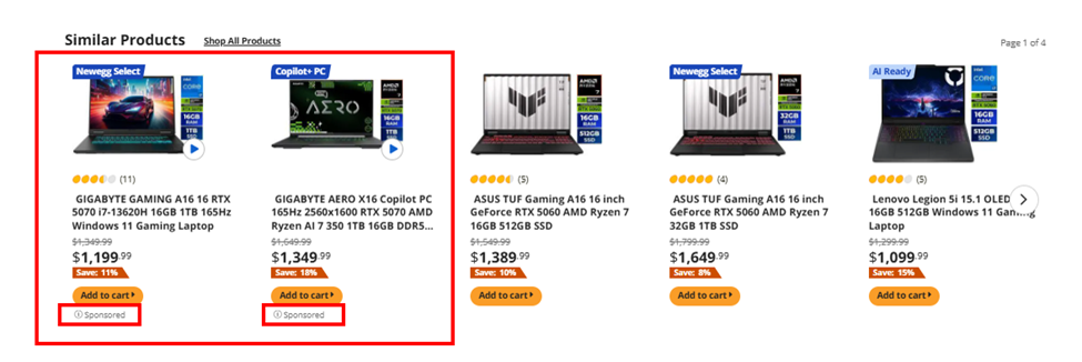 Newegg Sponsored Ads placement on product detail page under Similar Products