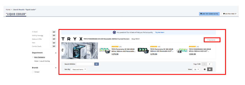 Newegg Sponsored Brand Ads placement at the top of search results pages
