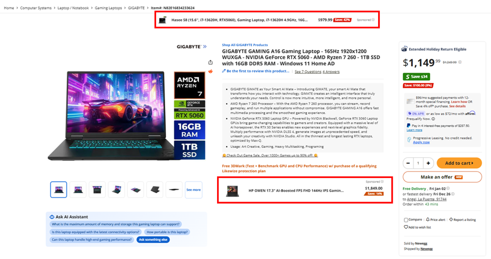 Newegg Sponsored Display Ads placement on product detail page above product title and below bullet points