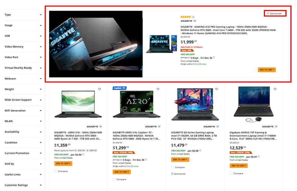 Newegg Sponsored Video Ads placement within search results